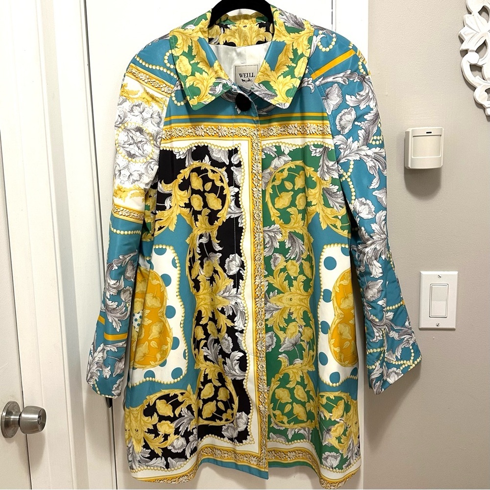 Weill Paris Baroque Ornamental Print Long Lightweight Coat Jacket 10 blue yellow